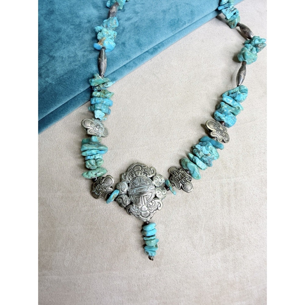 Vintage Chunky Turquoise Nugget Statement Necklace Ornate Asian Shou Symbol
